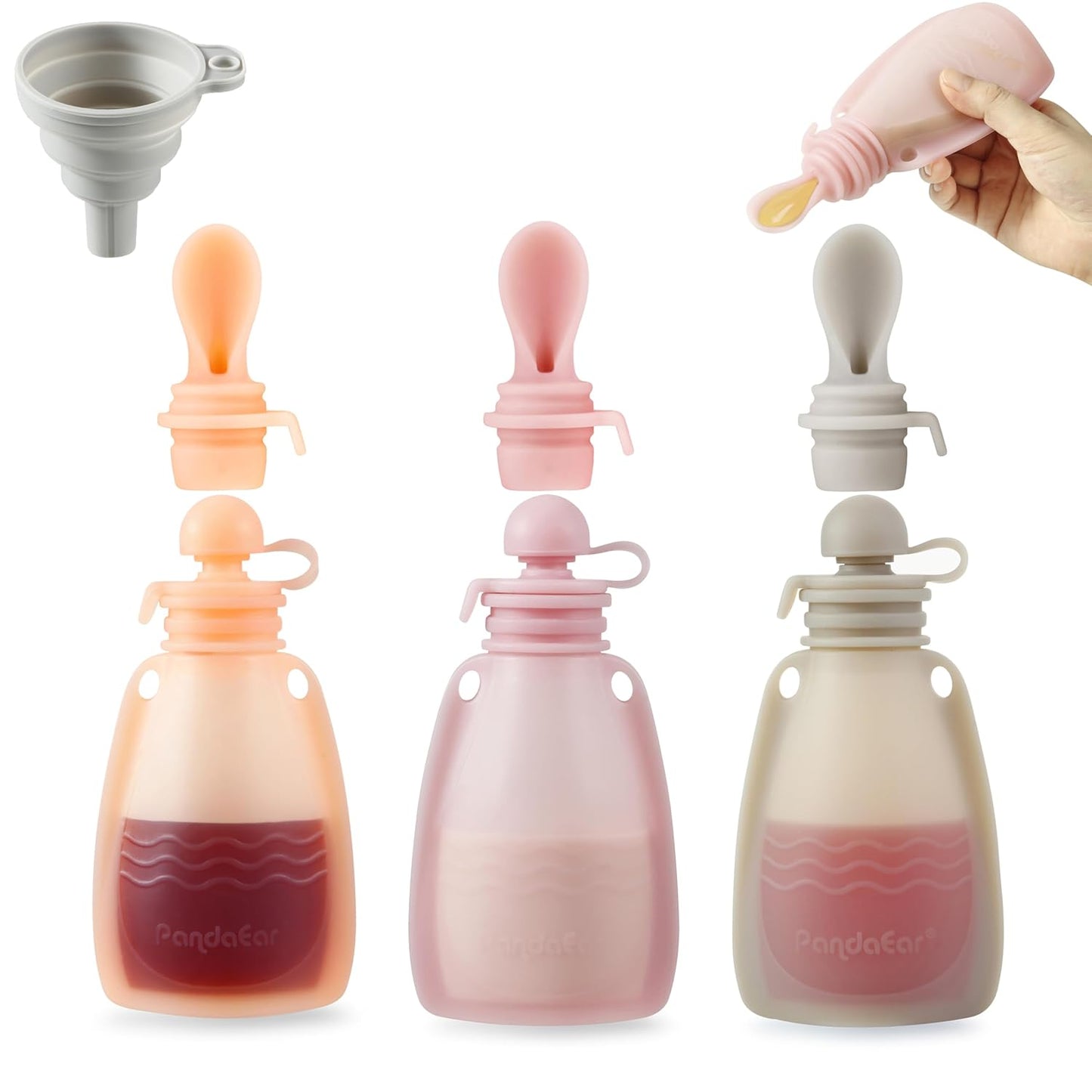 PandaEar 3 Pack Reusable Silicone Baby Food Pouches with Spoon Feeder-5.5oz Leak-Proof Squeeze Pouches for Toddler & Infant-Refillable Food Storage for Homemade Puree, Yogurt Cereal-7pc Set Linen/Pink