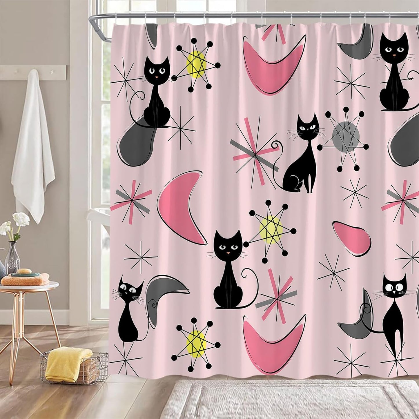 GCTNBJL Mid Century Modern Shower Curtain Pink Gray Abstract Geometric Atomic Cat Funny Retro 70x70(WxH) Inches Bathroom Decor Fabric Curtain with Hooks