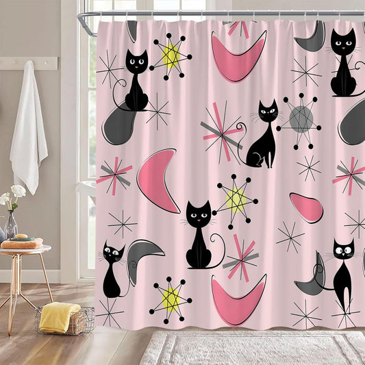 GCTNBJL Mid Century Modern Shower Curtain Pink Gray Abstract Geometric Atomic Cat Funny Retro 70x70(WxH) Inches Bathroom Decor Fabric Curtain with Hooks