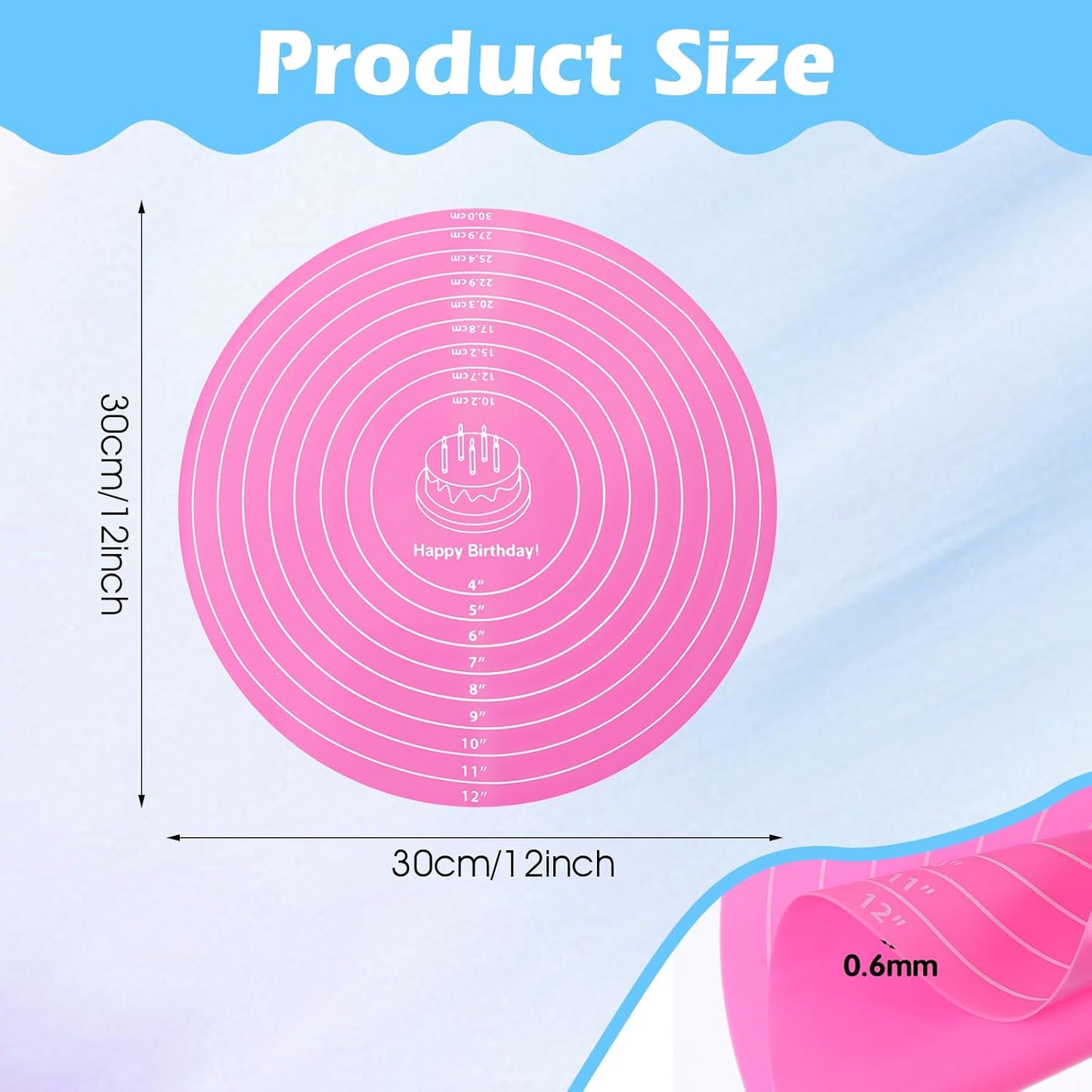 2 PCS 12 Inch Silicone Cake Mat Round Silicone Baking Mat with Measurements Pink Blue Reusable Non-Stick Sheets Heat Resistant Cookie Pad for Baking Pizza Pan Rolling Dough Pastry (Red +Blue)