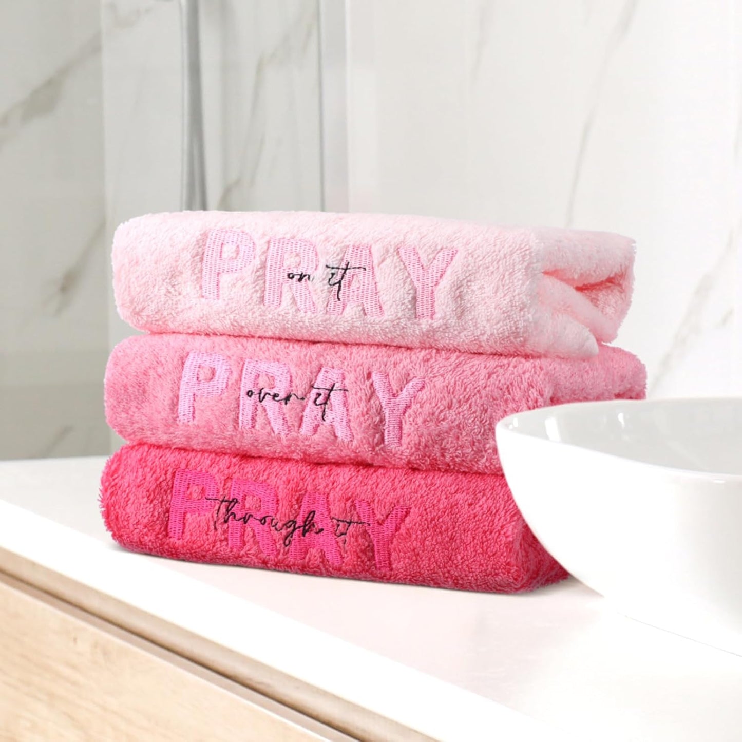 Peryiter 3 Pcs Farmhouse Bathroom Decor Hand Towels 14x29 Inch Cotton Bath Towels Rustic Embroidered for Boho Kitchen Decor Inspirational Christian Gift(Pink,Pray on It,Pray Over It,Pray Through It)