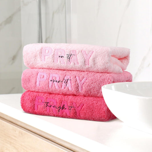 Peryiter 3 Pcs Farmhouse Bathroom Decor Hand Towels 14x29 Inch Cotton Bath Towels Rustic Embroidered for Boho Kitchen Decor Inspirational Christian Gift(Pink,Pray on It,Pray Over It,Pray Through It)