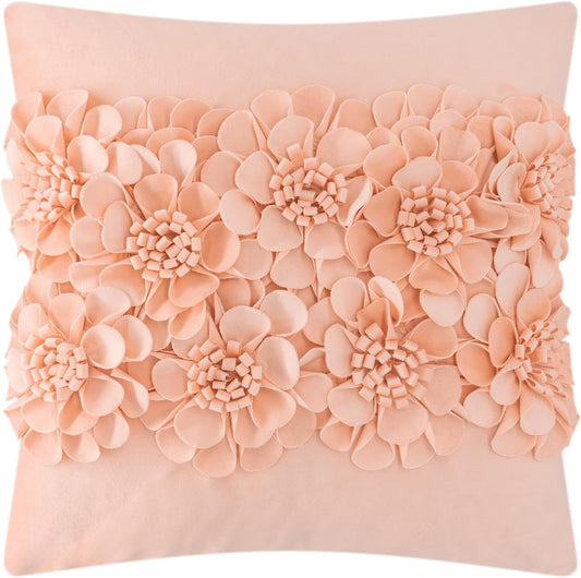 JWH Handmade 3D Flower Throw Pillow Covers Decorative Floral Accent Cushion Cover Velvet Pillowcase for Car Bed Couch Bedroom Decor 18x18 Inch Blush Pink