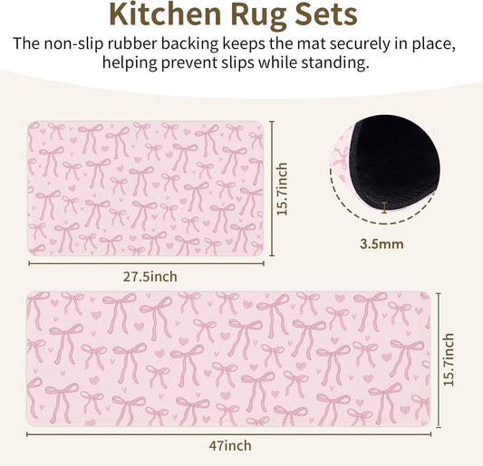 Pink Bow Kitchen Rug Set, Bow Gift 2 Piece Non-Slip Floor Mat with Colorful Daisy Bow Design Home Decoration for Home Bedroom Kitchen