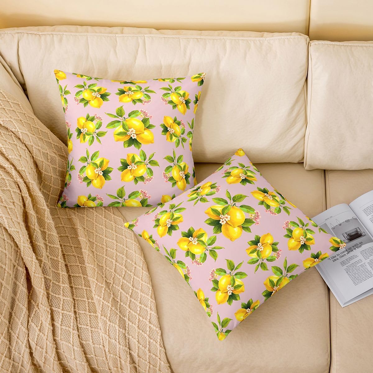 Manfei Lemon Throw Pillow Covers 16"x16" Set of 4 Botanical Lemon Cushion Cover for Couch Sofa Tropical Fruit Decorative Pillowcases Baby Pink Yellow Soft Pillows Covers