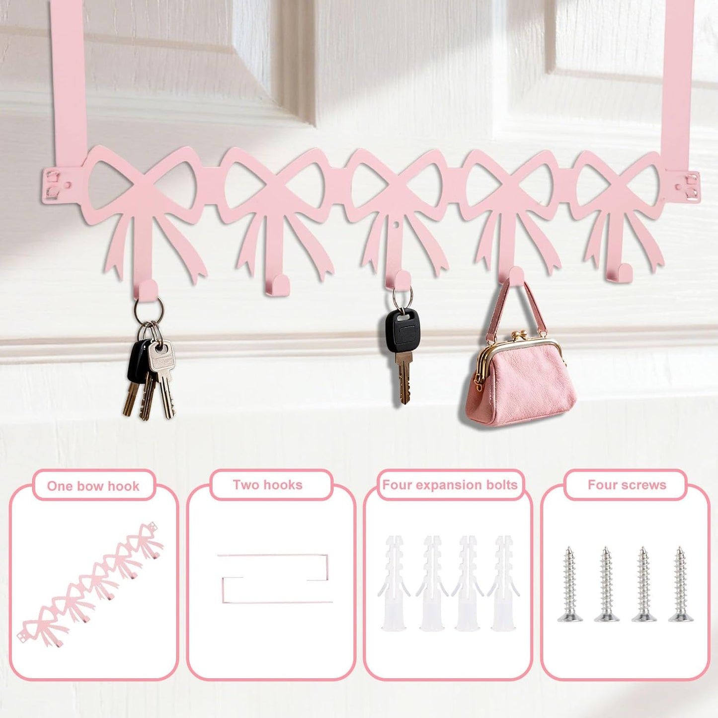 Pink Bow Over The Door Hooks, 5 Hooks Cute Wall Mount Towel Rack Organizer Farmhouse Rustic Coquette Bow Knot Towel Hat Clothes Storage Hanger for Bedroom Bathroom Decor