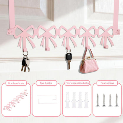 Pink Bow Over The Door Hooks, 5 Hooks Cute Wall Mount Towel Rack Organizer Farmhouse Rustic Coquette Bow Knot Towel Hat Clothes Storage Hanger for Bedroom Bathroom Decor