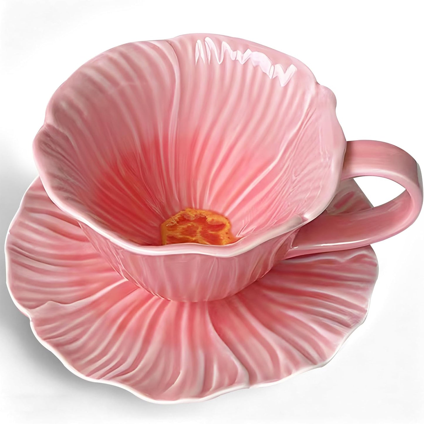 10 oz Tea Cups and Saucers, Ceramic Flower-shaped Cappuccino Cup, Latte Cup and Saucer set, elegant floral Espresso Cup set, Suitable for microwave and dishwasher-Pink