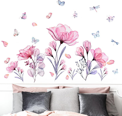 Pink Flowers Wall Decals Removable Butterflies Floral Flowerl Wall Stickers DIY Vinyl Self Adhesive Wall Mural for Nursery TV Background Kids Gilrs Rooms Bedroom Decoration