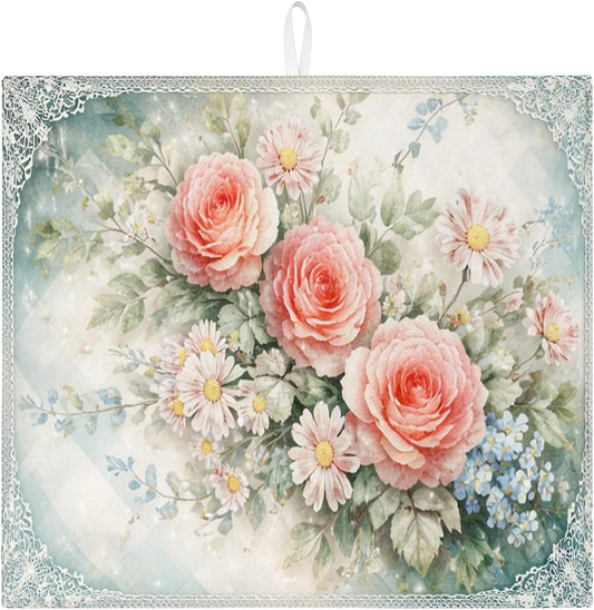 Floral Dish Drying Mats for Kitchen Counter, Peach Floral Absorbent Dish Drainer Mat, Spring Vintage Microfiber Drying Pad for Coffee Bar Protector 16x18 Inch