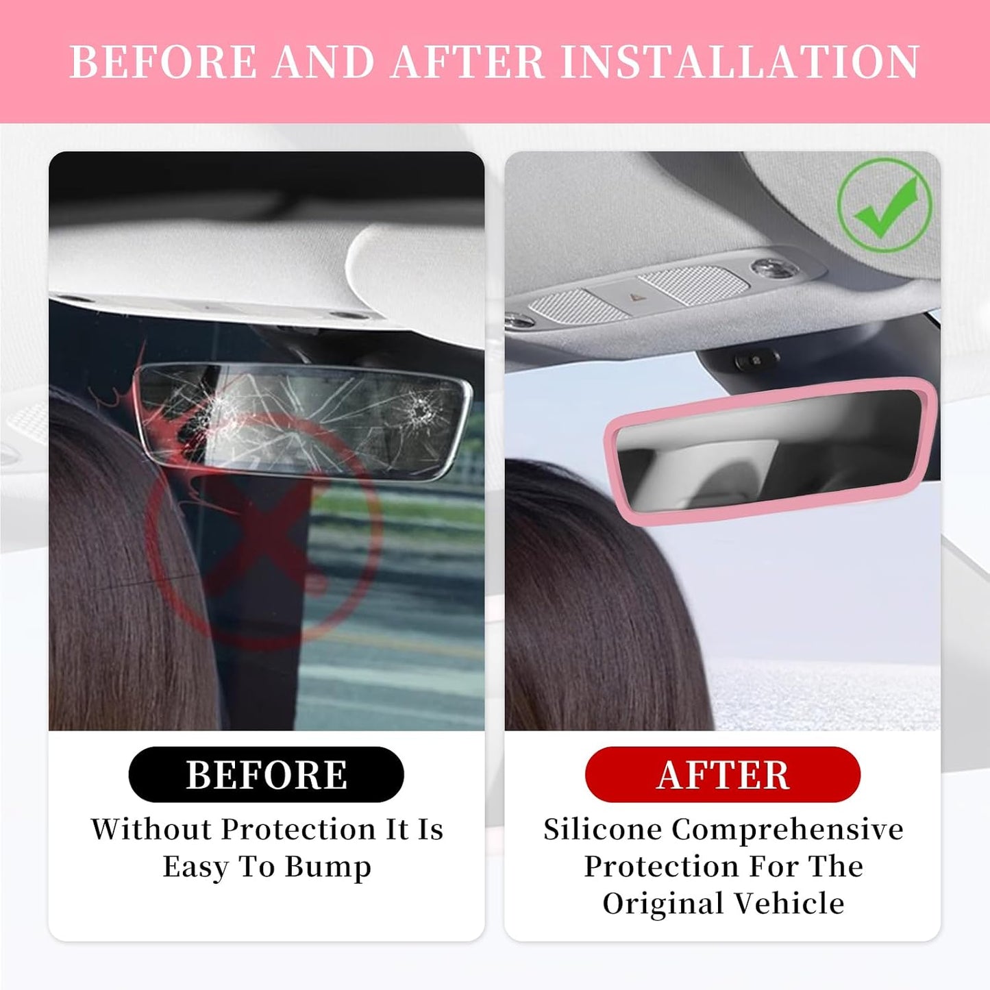 Car Rear View Mirror Protector Frame, Silicone Auto Rearview Edge Protection Cover Compatible with Model 3 Model Y, Interior Rear View Trim Frame Decoration, Car Accessories (Pink)
