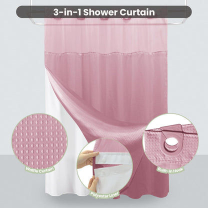 Inhousolu No Hook Shower Curtain with Snap-in Fabric Liner, Waffle Weave 230 GSM Polyester, Weighted Hem, Water Repellent Washable, Mesh Top Window 72" W x 72" L Pink