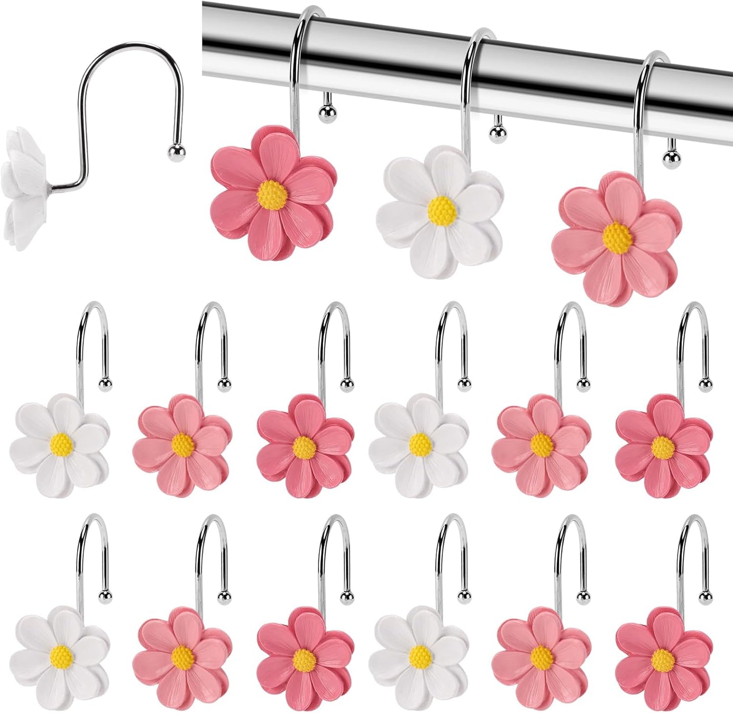 Flower Shower Curtain Hooks, 12 Pack Rustproof Stainless Steel Decorative, Bohemian Floral Bathroom Accessories for Curtain Rod and Shower Rod（Peach Blush）