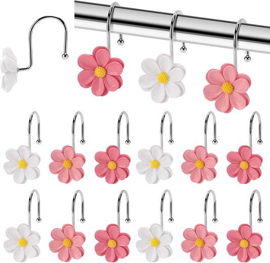 Flower Shower Curtain Hooks, 12 Pack Rustproof Stainless Steel Decorative, Bohemian Floral Bathroom Accessories for Curtain Rod and Shower Rod（Peach Blush）