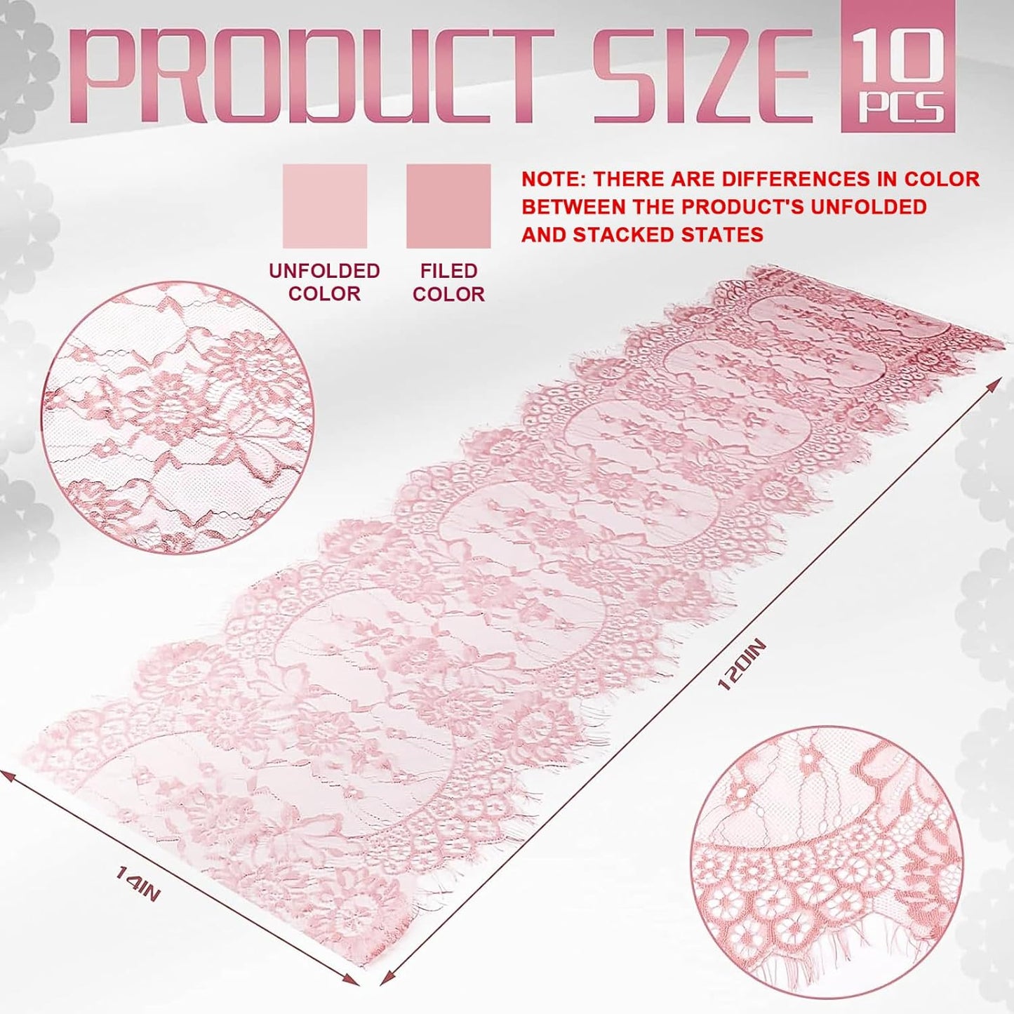 Newwiee 10 Pcs Rose Pink Lace Table Runner 14 x 120 Inch Embroidered Floral Cloths Romantic Table Runner for Wedding Bridal Shower Birthday Party Decorations