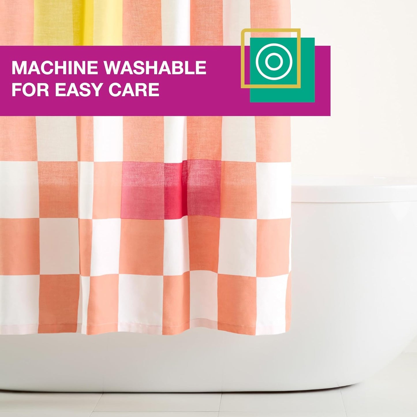 Town & Country Play Betty Bold Checkerboard Cotton-Rich Breathable Fabric Shower Curtain with Anti-Rust Grommets, Peach/White/Yellow, 70"x72"