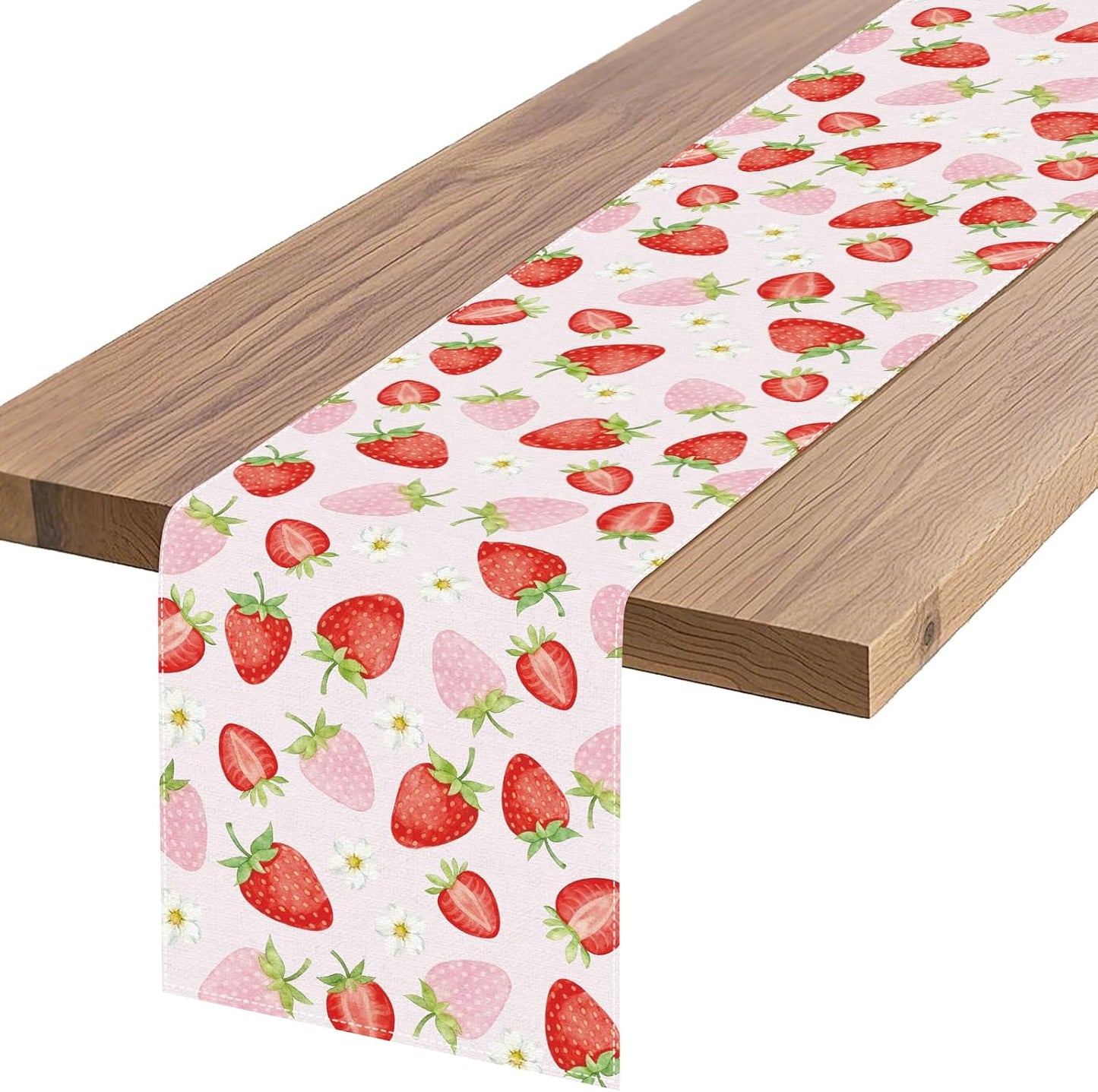 Strawberry Print Table Runner, 72x13 inch, Pink Floral | Spring Summer Decor, Fruit Pattern, Dining Table Decor, Pink Background, White Flower Accents