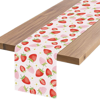 Strawberry Print Table Runner, 72x13 inch, Pink Floral | Spring Summer Decor, Fruit Pattern, Dining Table Decor, Pink Background, White Flower Accents