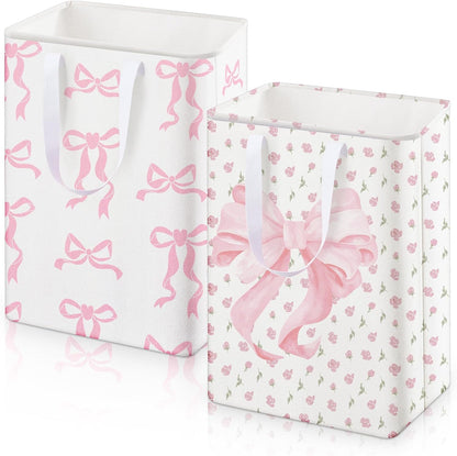 Reallnaive 2 Pack Pink Bow Large Laundry Baskets, Bow Laundry Hamper with Handle, Pink Waterproof Canvas Fabric Lightweight Storage Basket, Bathroom Decor, Collapsible Clothes Hamper in Room