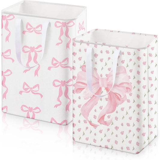 Reallnaive 2 Pack Pink Bow Large Laundry Baskets, Bow Laundry Hamper with Handle, Pink Waterproof Canvas Fabric Lightweight Storage Basket, Bathroom Decor, Collapsible Clothes Hamper in Room