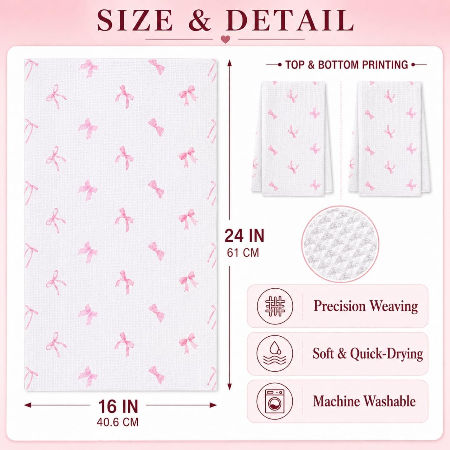 wuguimeii Coquette Pink Bow Kitchen Towels Set of 2 - Pink Bathroom Decorative Hand Towel - Preppy Girly Dish Tea Towels - Inspirational Verses16x24 inches