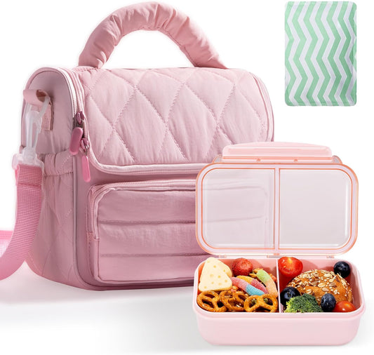 Insulated Lunch Bags for Women, Meal Prep Kit with Containers & XL Ice Pack,Cute Quilted Lunch Box, Lightweight Puffy Padded Lunch Tote, Reusable for Work Picnic Travel