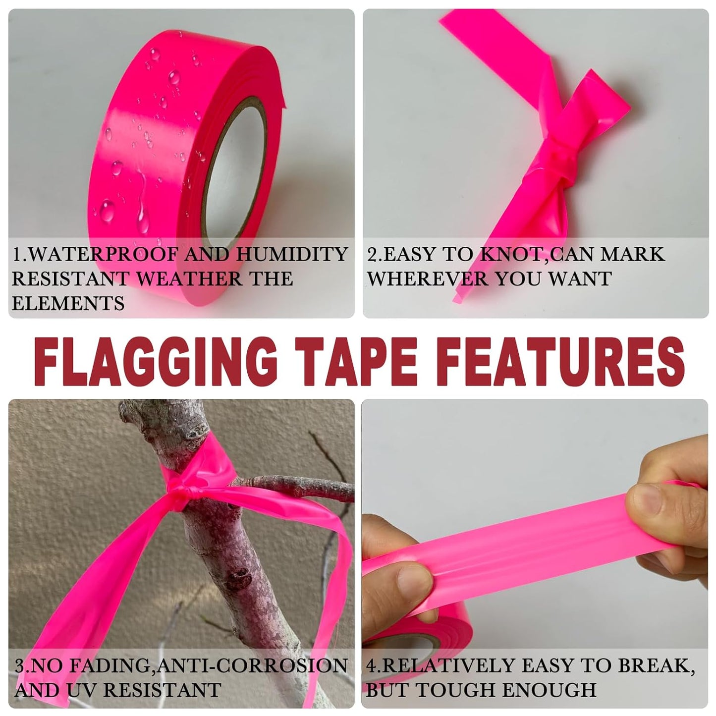 GEYYANG 12 Pack Fluorescent Pink Flagging Tape,Non-Adhesive Plastic Ribbon,Neon Marking Tape for Survey Boundaries, Trees and Hazardous Areas,Surveyors Tape,Flag Tape,1" x 98ft,3.35 Mil