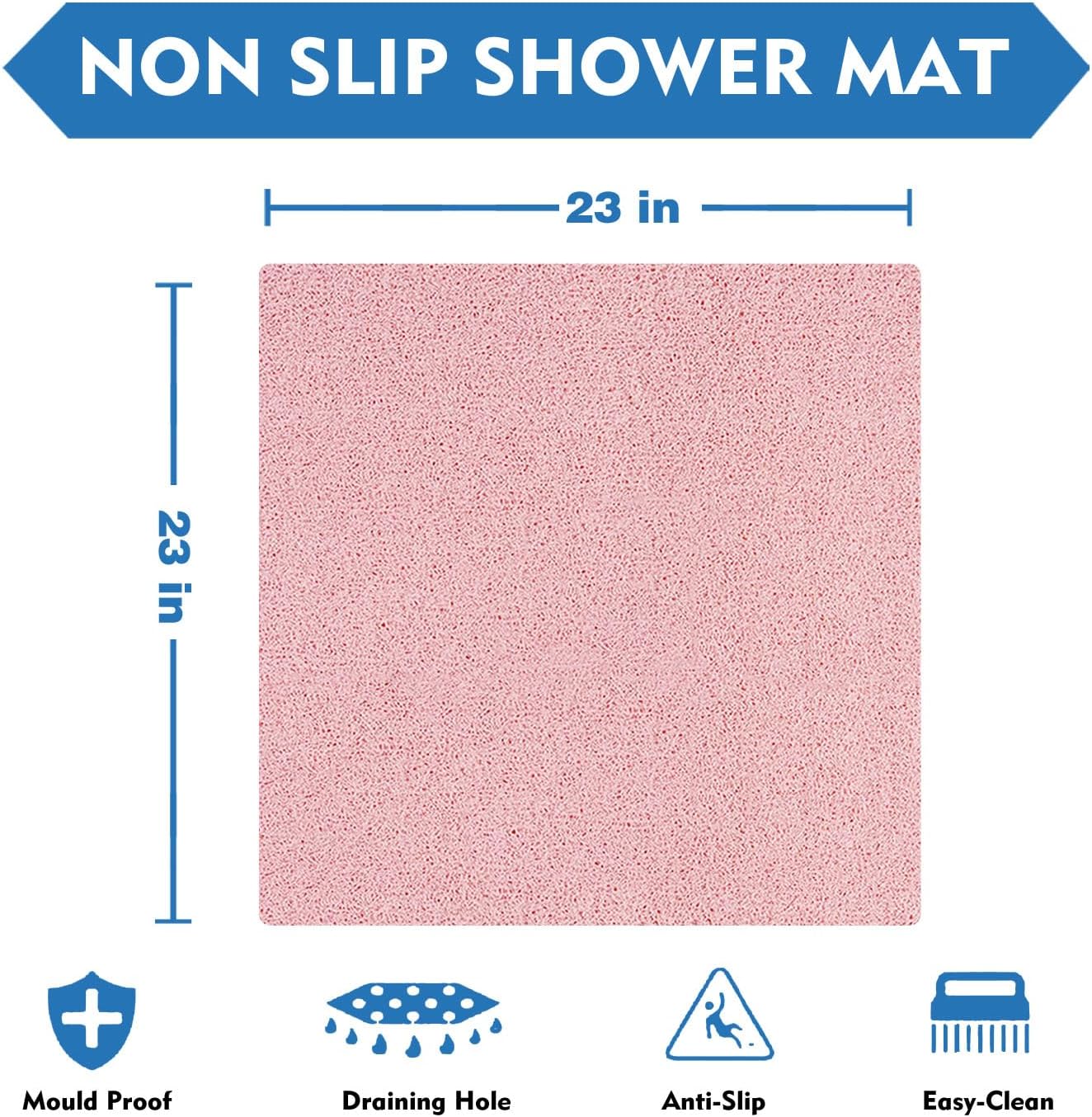 Pink Non-Slip Shower Mat 23"x23" - Textured Surface Bath Mat for Comfort & Safety | Quick-Drying & Easy-Clean | No Suction Cups Needed | Perfect for Wet Bathroom Floors