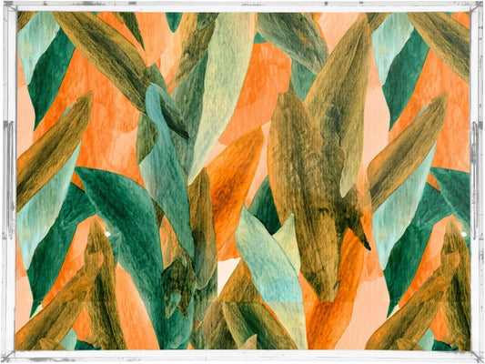 Watercolor Leaf Peach Serving Tray with Handles Decorative Ottoman Rectangle Acrylic Tray for Breakfast Dinner Party 16x12 Inch