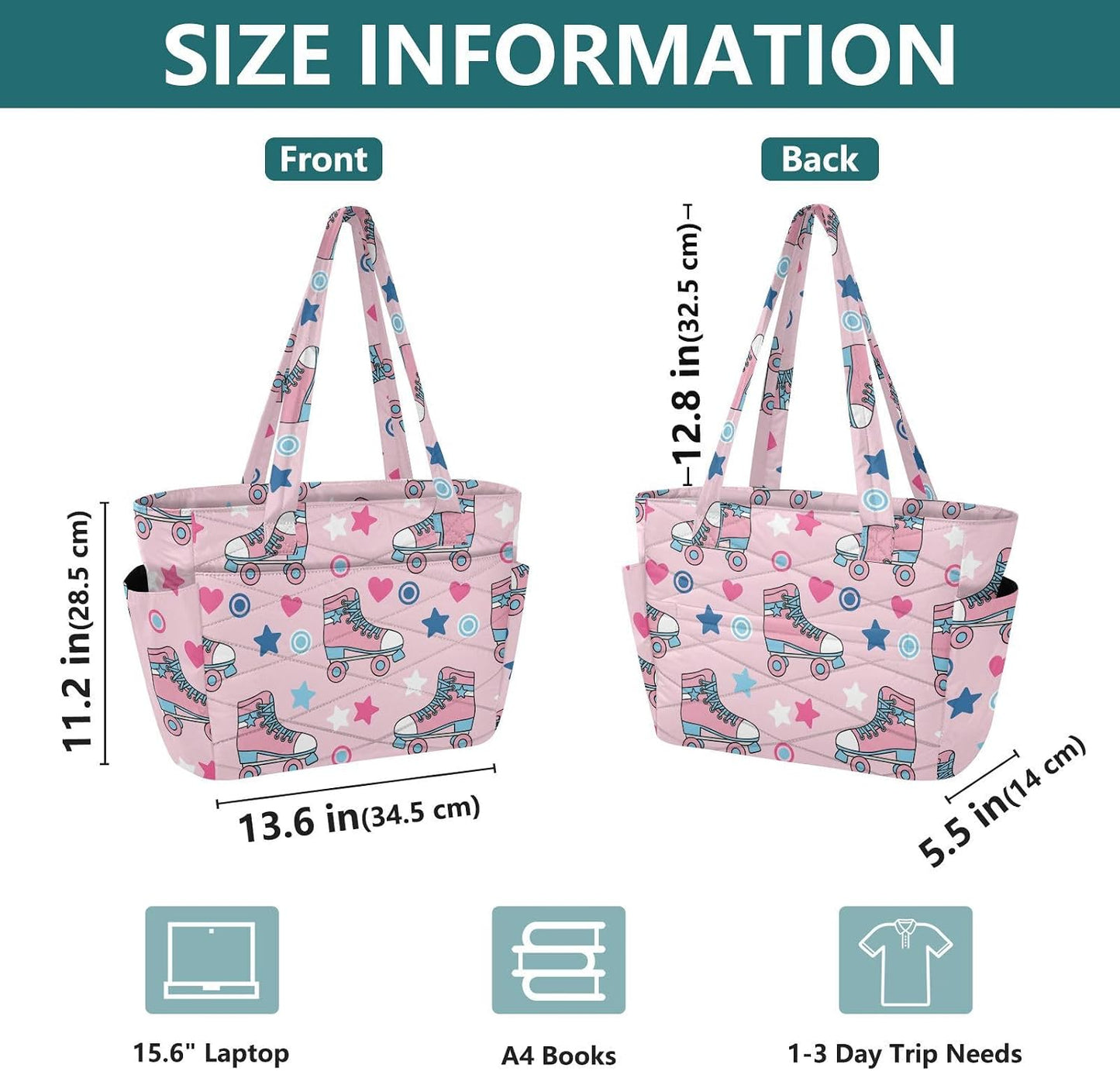 Sinestour Skates Stars Pink Print Lightweight Quilted Tote Bag for Women Foldable Shoulder Handbag with Compartments Crossbody Purse for Gym Travel Work Beach