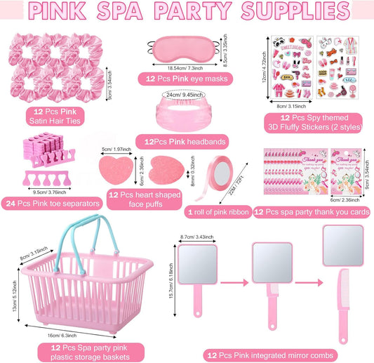 Suncalla 121 Pcs Spa Party Favors Women Spa Sleepover Party Supplies Include Basket Eye Mask Facial Sponge Mirror Comb Hair Circle Headband Toe Separator Stickers Card Ribbon Female Gift(Pink)