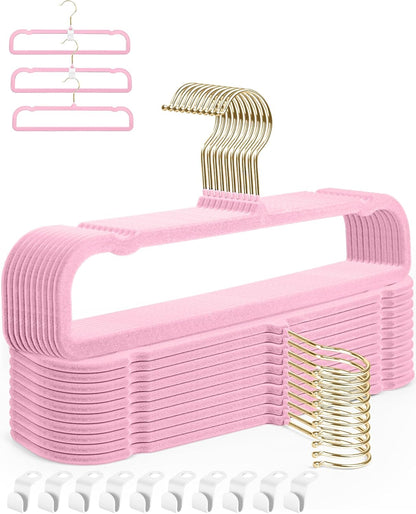 HGYZE Velvet Pants Hangers 20 Pack, 360° Swivel Gold Hook, Non Slip Felt Hanger for Spaghetti Strap Dresses Slack Jean, Blush Pink and Gold Felt Hangers, Cute Flocked Trouser for Adult Teen