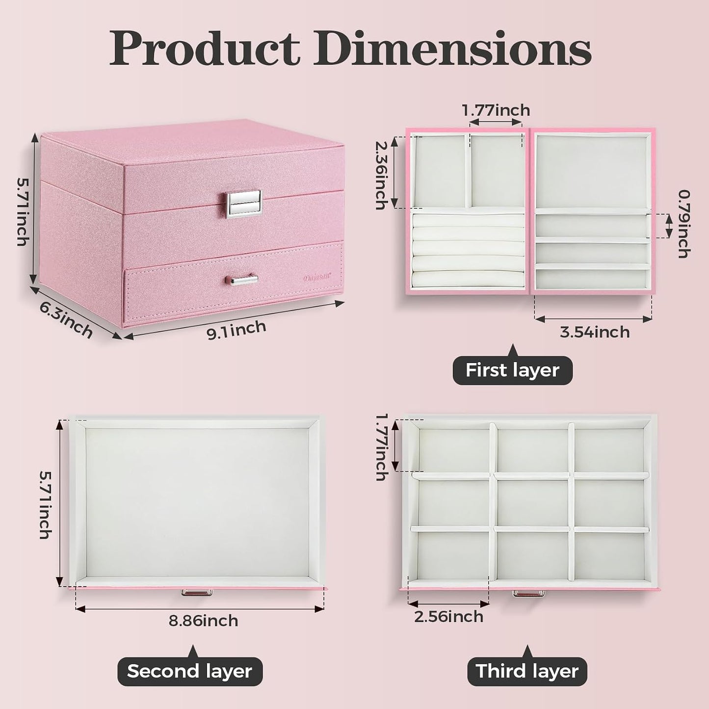 Dajasan Jewelry Organizer Box, Large Jewelry Boxes for Women Girls, Space-Saving 3 Layers Jewelry Storage Case with Drawer, Gift Idea, Movable Metal Stand, Modern (Pink)
