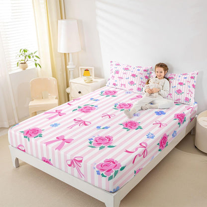 Feelyou Cute Bow Bed Sheets Set Queen Size Romantic Rose Flower Deep Pocket Fitted Sheet Bow Tie Striped Bedding Sets Soft Bed Set 4Pcs with 2 Pillow Cases