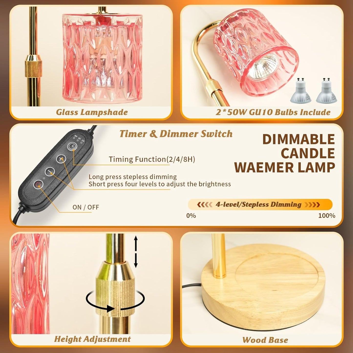Pink Candle Warmer Lamp with Timer and Dimmable, Height and Brightness Adjustable, Birthday Gifts for Women Mom, Electric Wax Melt Warmer For Scented Jar Candles, New Home Bedroom Decor Aesthetic