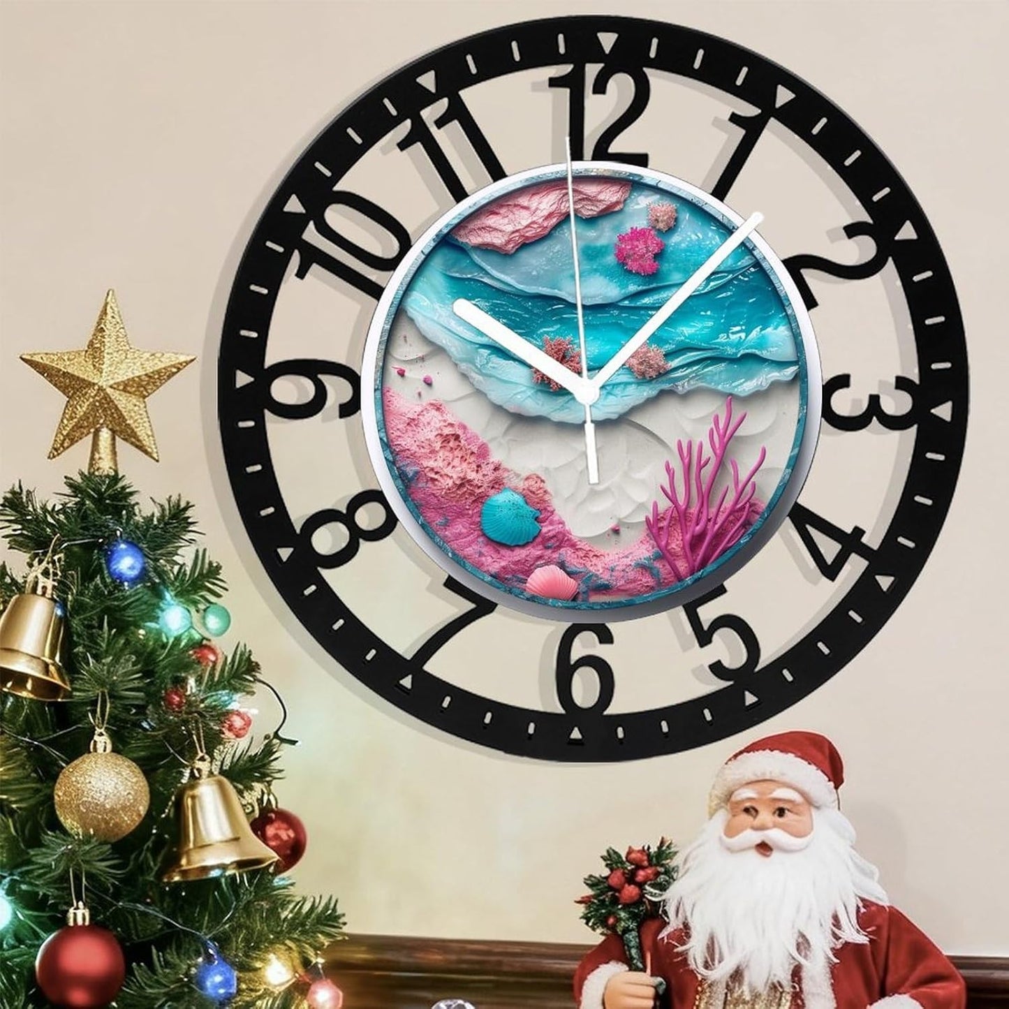 Metal Wall Clock for Living Room -10" Pink Coral Ocean Beach Shells Silent Non Ticking,Battery Operated, Antique Clocks for Farmhouse,Bedroom,Kitchen - Arabic Numerals