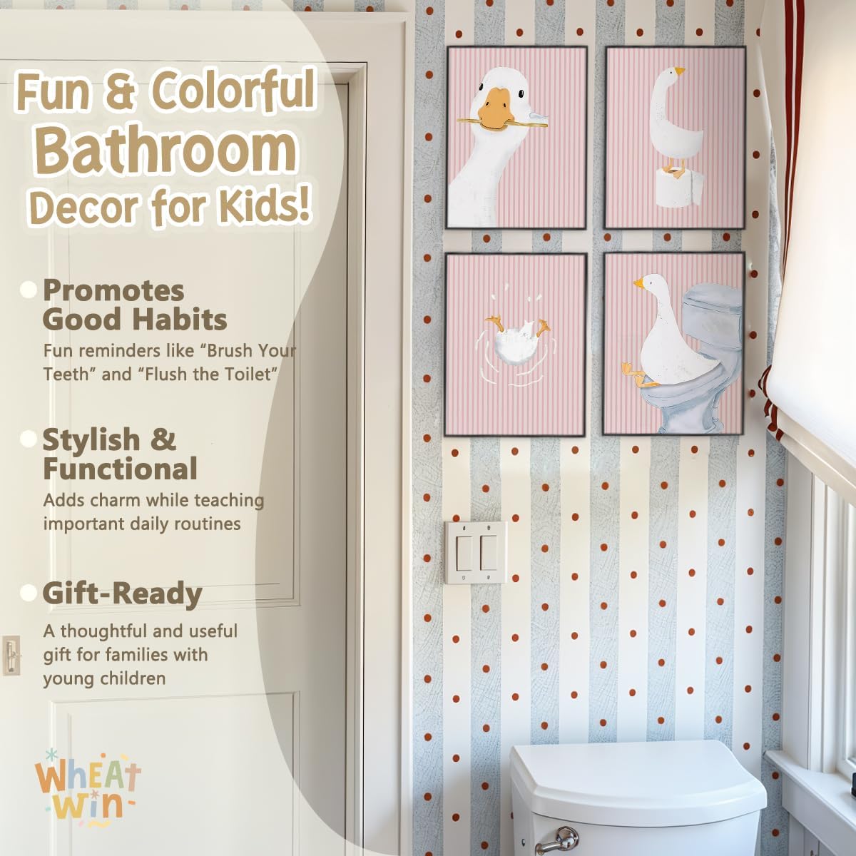 Wheatwin Girls Bathroom Decor Set, Pink Goose Nursery Animal Bathroom Wall Decorations for Kids Toddler Little Girls Toilet Washroom, 8x10 Unframed 4Pcs - Pink