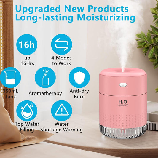 SZO Portable Mini Humidifier, 500ML USB Personal Cool Mist Humidifiers for Bedroom Office Travel Desk, Whisper Quiet 20dB with 2 Mist Modes & Auto Shut-Off, Small Desktop Humidifier(Pink)