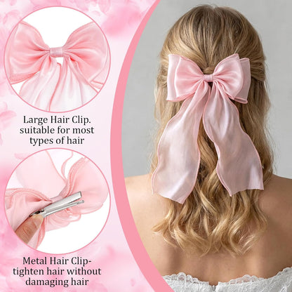 Mabor 2Pcs Large Pink Bows for Hair, Light Pink Ribbon Bow Hairpin with Long Tail, Metal Hair Bow Barrettes Styling Accessories