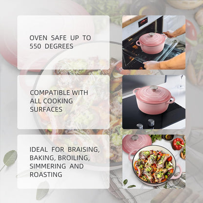 6 Quart Dutch Oven Enameled Cast Iron with Lid - Big Dual Handles - Oven Safe up to 500°F - Classic Round Pot for Versatile Cooking Pink