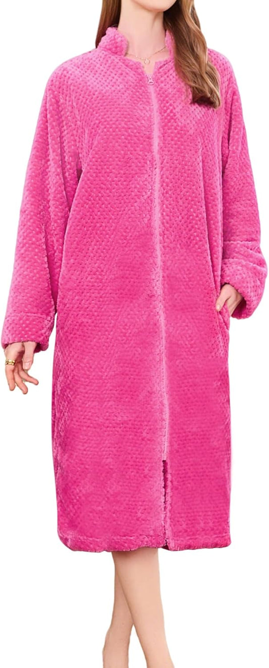 HEARTNICE Womens Flannel Zipper Robe, Soft Warm Robes for Women Cozy Long Sleeve Loungewear Luxurious Nightgown with Pockets