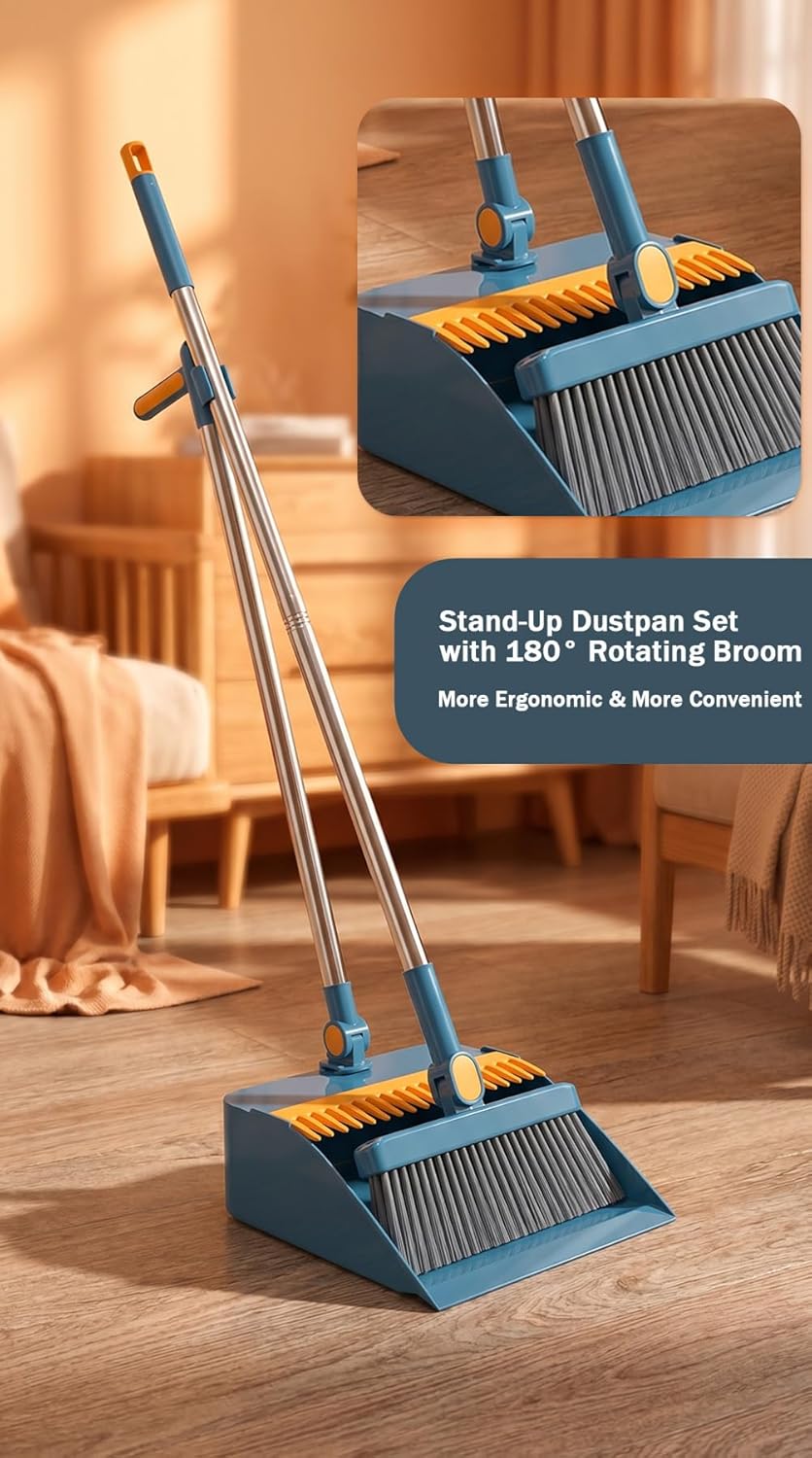 Stand-Up Dustpan Set with 180° Rotating Broom,Self-Cleaning Comb Teeth & Long Handle, No Bending Sweeping Set for Home Kitchen Floor Pet Hair (Pink,Basic Set)