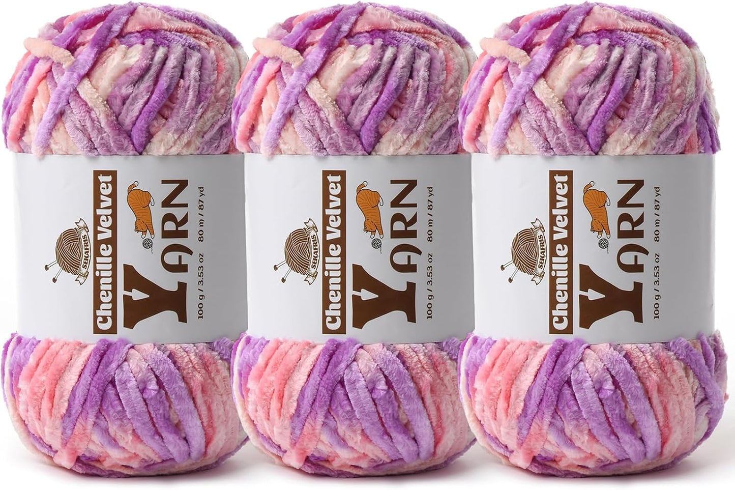 3 Pack Plush Chenille Chunky Yarn - Fluffy Velvet Yarn Crochet for Blanket Knitting and Crocheting - Soft Baby Yarns for Crocheting - Amigurumi Crochet Yarns 100g (87yds) (Pinkish Purple)