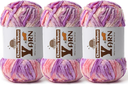 3 Pack Plush Chenille Chunky Yarn - Fluffy Velvet Yarn Crochet for Blanket Knitting and Crocheting - Soft Baby Yarns for Crocheting - Amigurumi Crochet Yarns 100g (87yds) (Pinkish Purple)