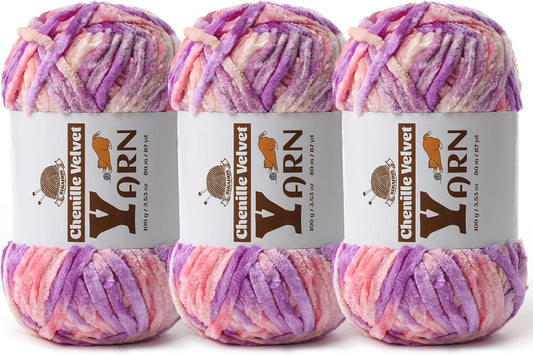 3 Pack Plush Chenille Chunky Yarn - Fluffy Velvet Yarn Crochet for Blanket Knitting and Crocheting - Soft Baby Yarns for Crocheting - Amigurumi Crochet Yarns 100g (87yds) (Pinkish Purple)