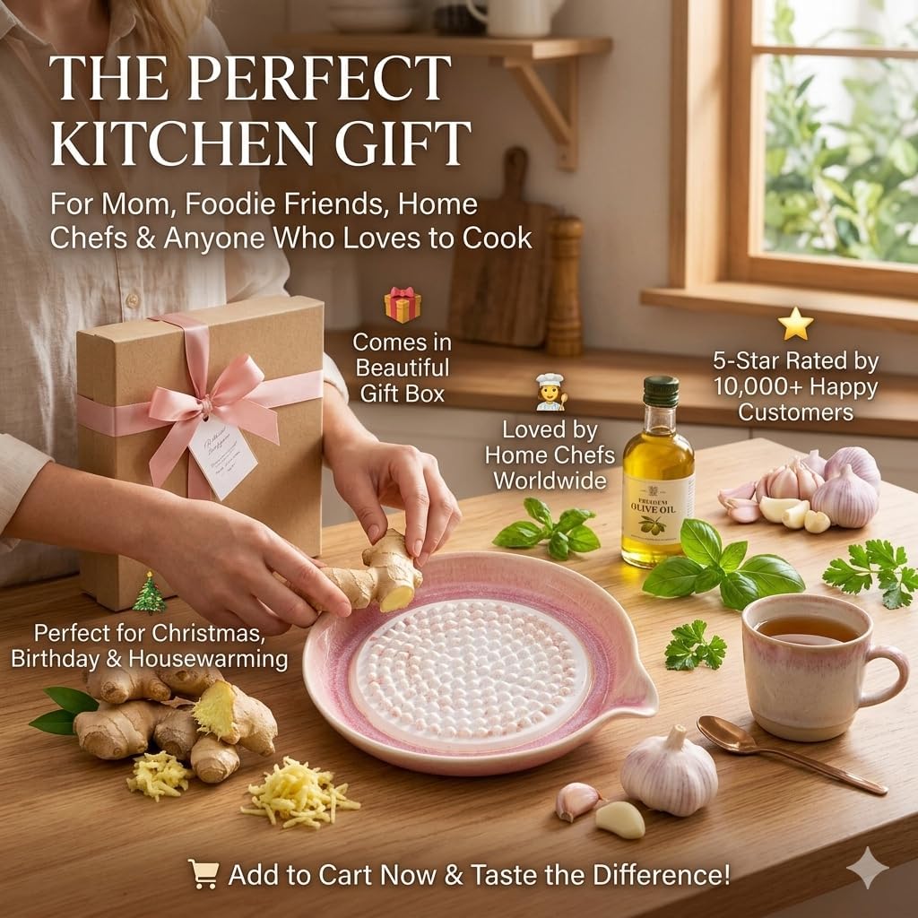 Handcrafted Gradient Ceramic Grater Plate – Multipurpose Grinder for Ginger, Garlic, Cheese, Chocolate, Fruits & Vegetables – with Pour Spout & Cleaning Brush (Pink)