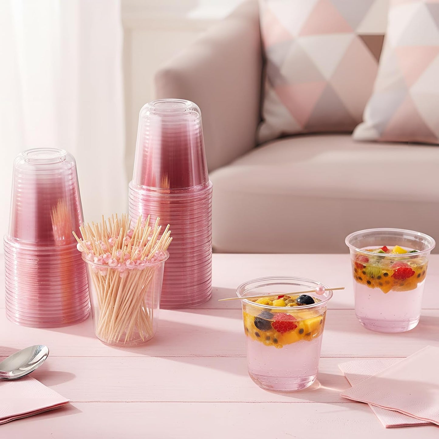 Ziliny 50 Pcs Pink Plastic Cups with 100 Pcs Pearl Decorative Cocktail Tooth Picks, Disposable Stemless Cups Bamboo Cocktail Skewers Sticks for Wedding Christmas Holiday Pink Party