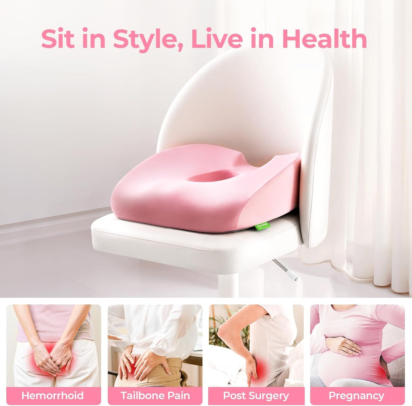 AUVON Innovative Donut Pillow Hemorrhoids Scientific Center Hole and Tailbone Cutout, Orthopedic Pain Relief Donut Seat Cushion for Coccyx, Sciatica, After Surgery Sitting Relief