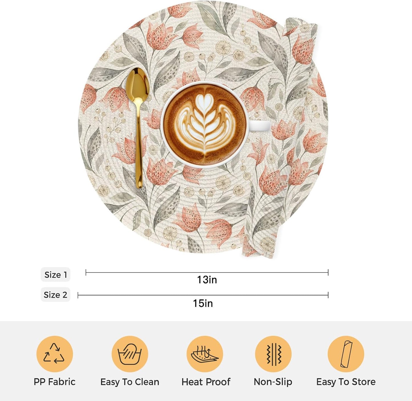 Peach Floral Round Placemats Set of 4 for Dinning Tables,Heat-Proof Braided Table Mats 15 Inch,Farmhouse Botanical Garden Flowers Washable Place Mat for Kitchen Restaurant Party Decor Table Setting