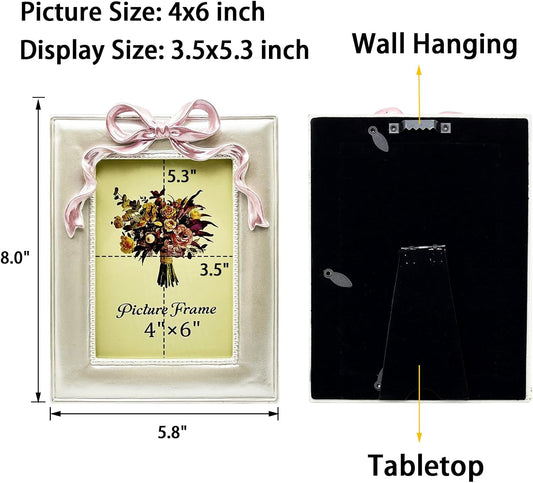 JANDERART Vintage Picture Frame 4x6 Inch, Ornate Cute Photo Frames with Glass Front, Pink Bow Design, Tabletop & Wall Hanging, Girls Room Decor, Gift Ideas, Pearly White